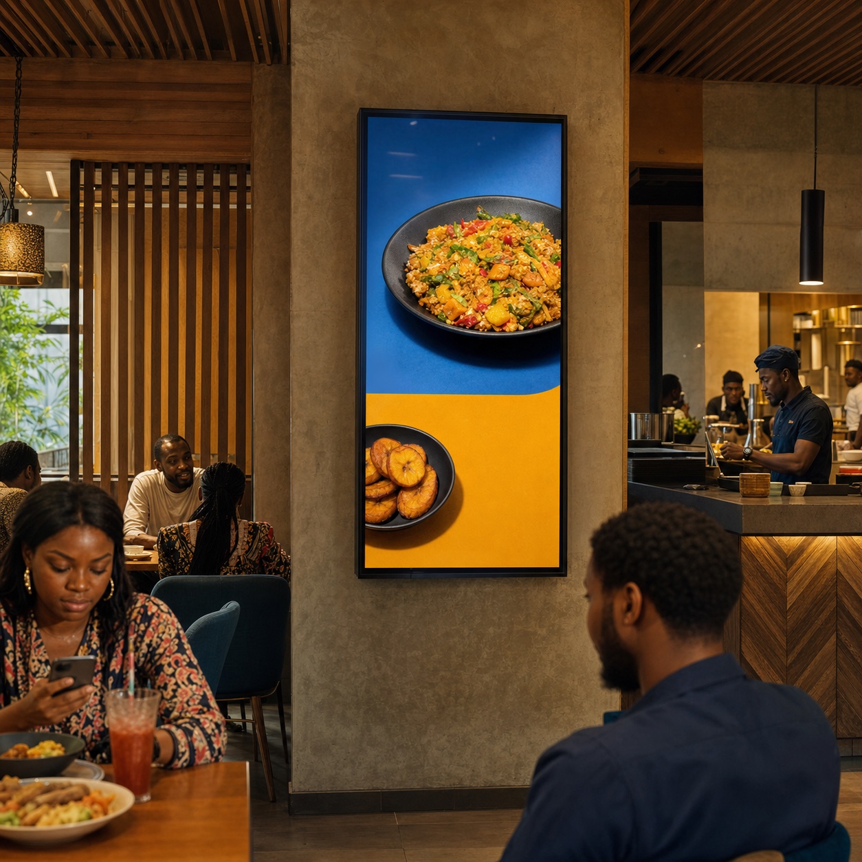 A food advert on a TV inside a Nigerian restaurant